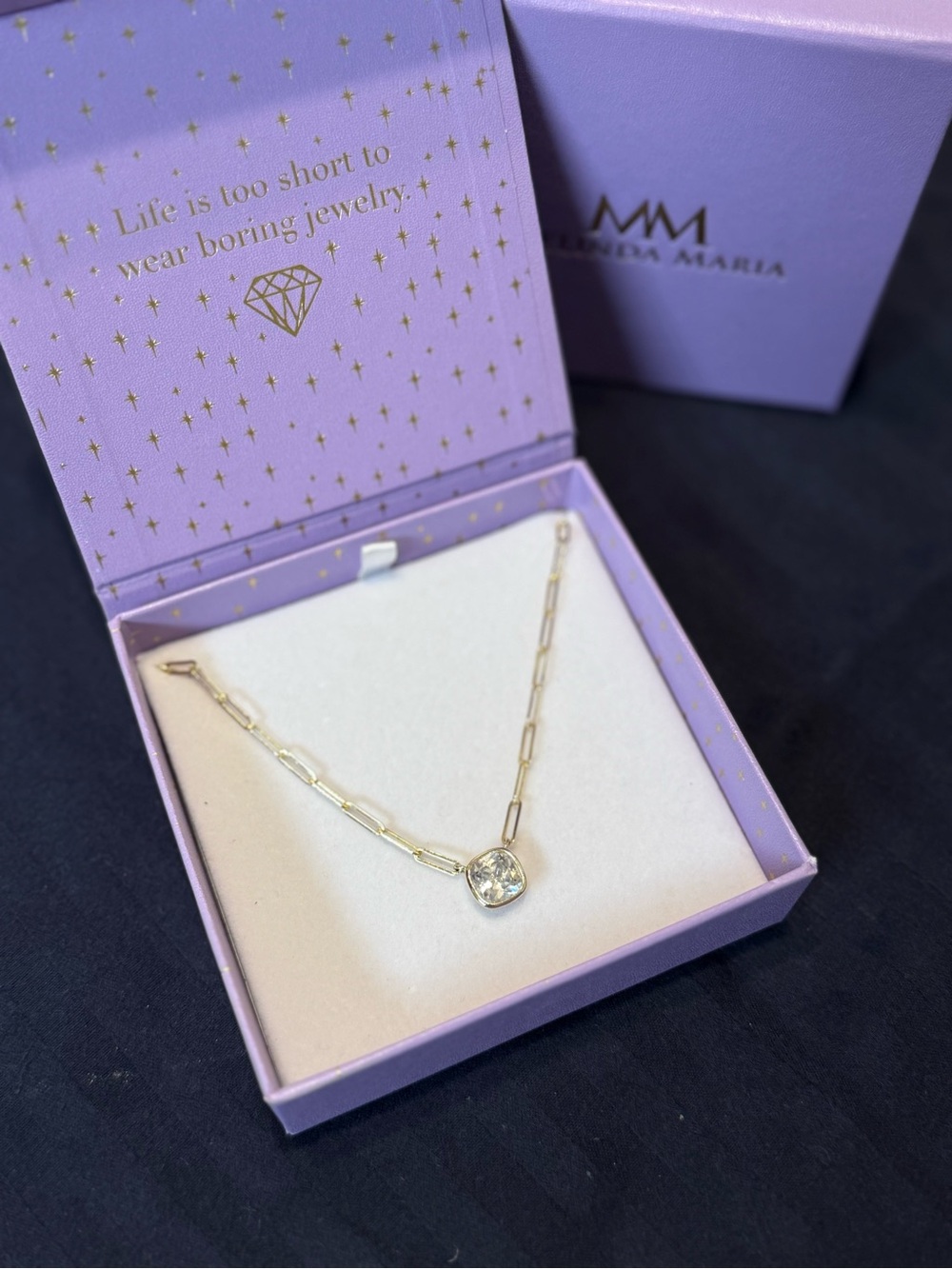 Melinda Maria Gold Paperclip Chain Necklace with Clear Pendant